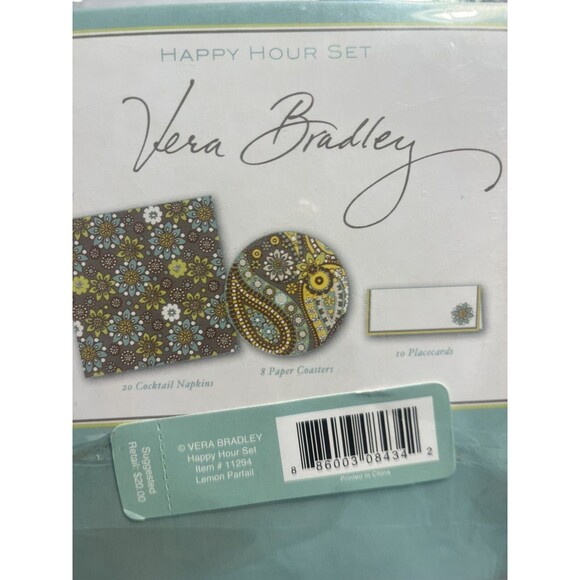 2 Vera Bradley Happy Hour Set, Napkins Coasters Place Cards Pink Green Yellow - Picture 9 of 9
